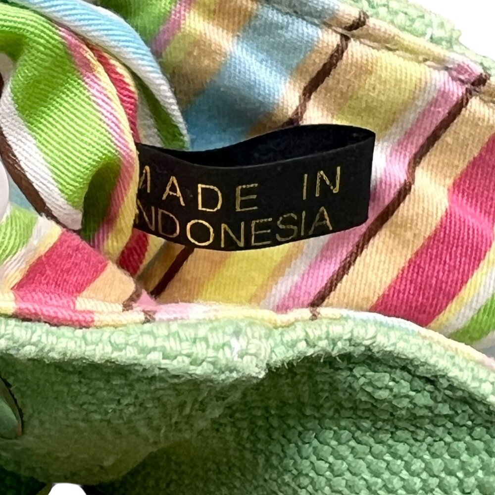 Fossil Mint Green Canvas Tote Bag Brown Leather Accents Key Striped Lining 75082 - Picture 3 of 15